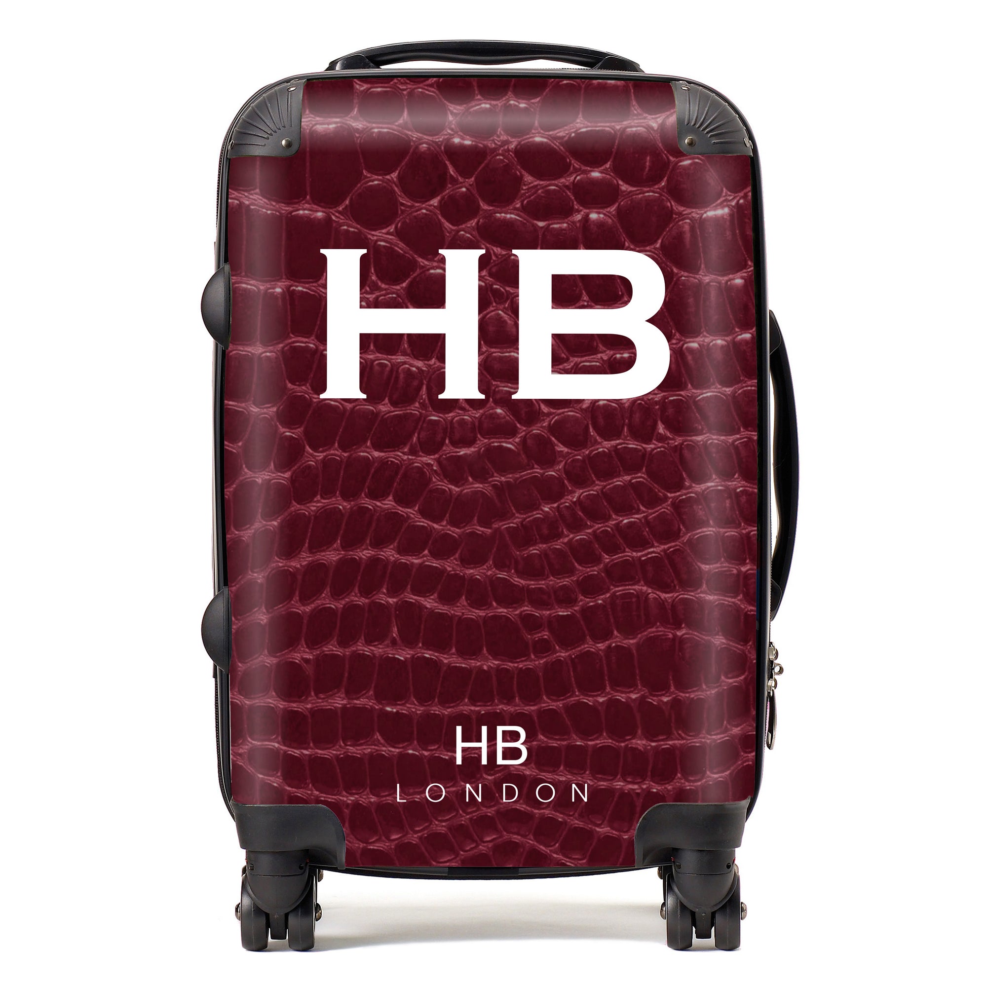 Personalised Burgundy Croc Print with White Font Initial Suitcase