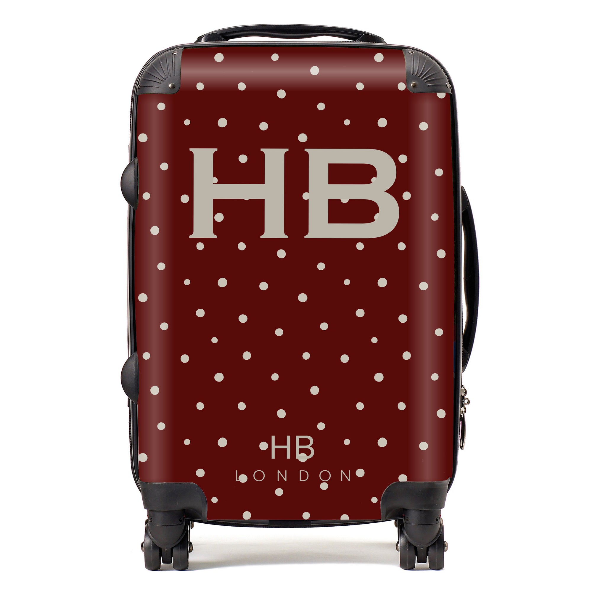 Personalised Burnt Red Polka Dot with Taupe Font Initial Suitcase