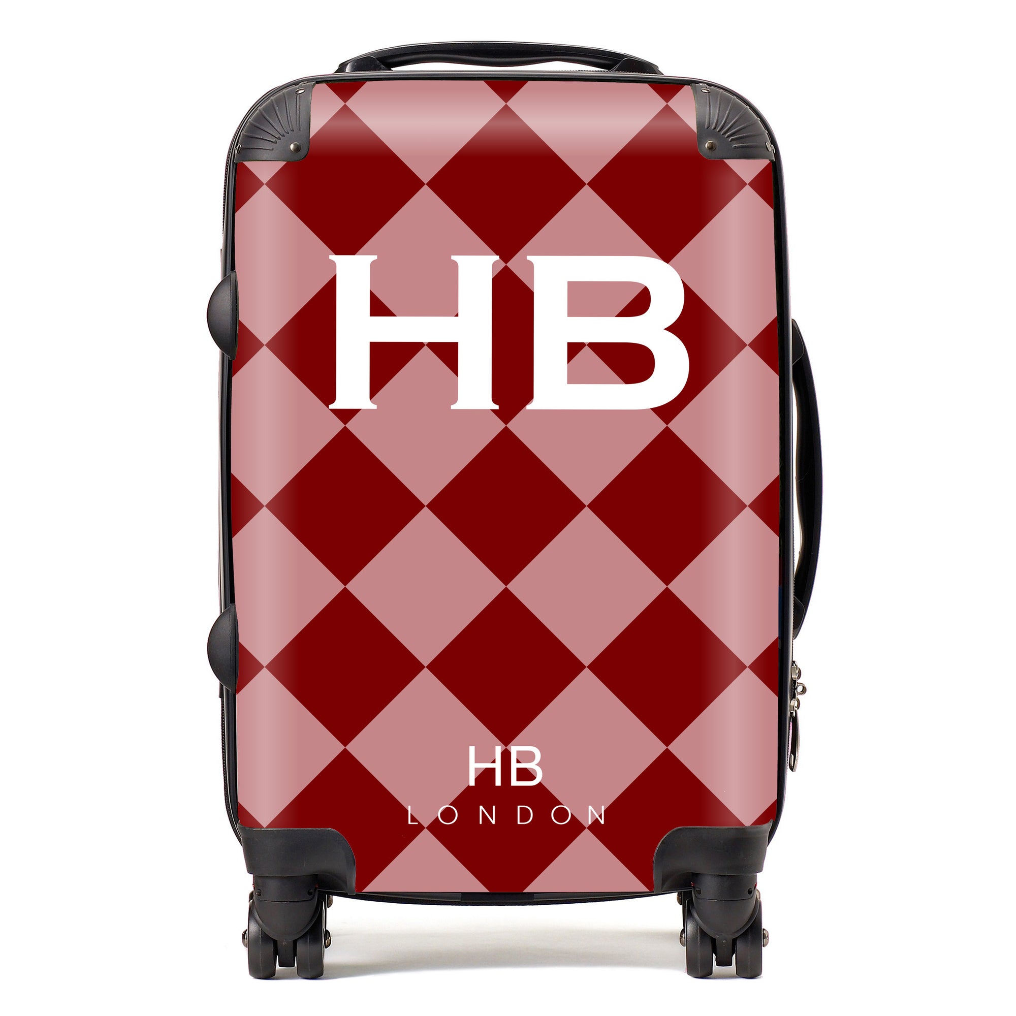 Personalised Red and Pink Check with White Font Initial Suitcase