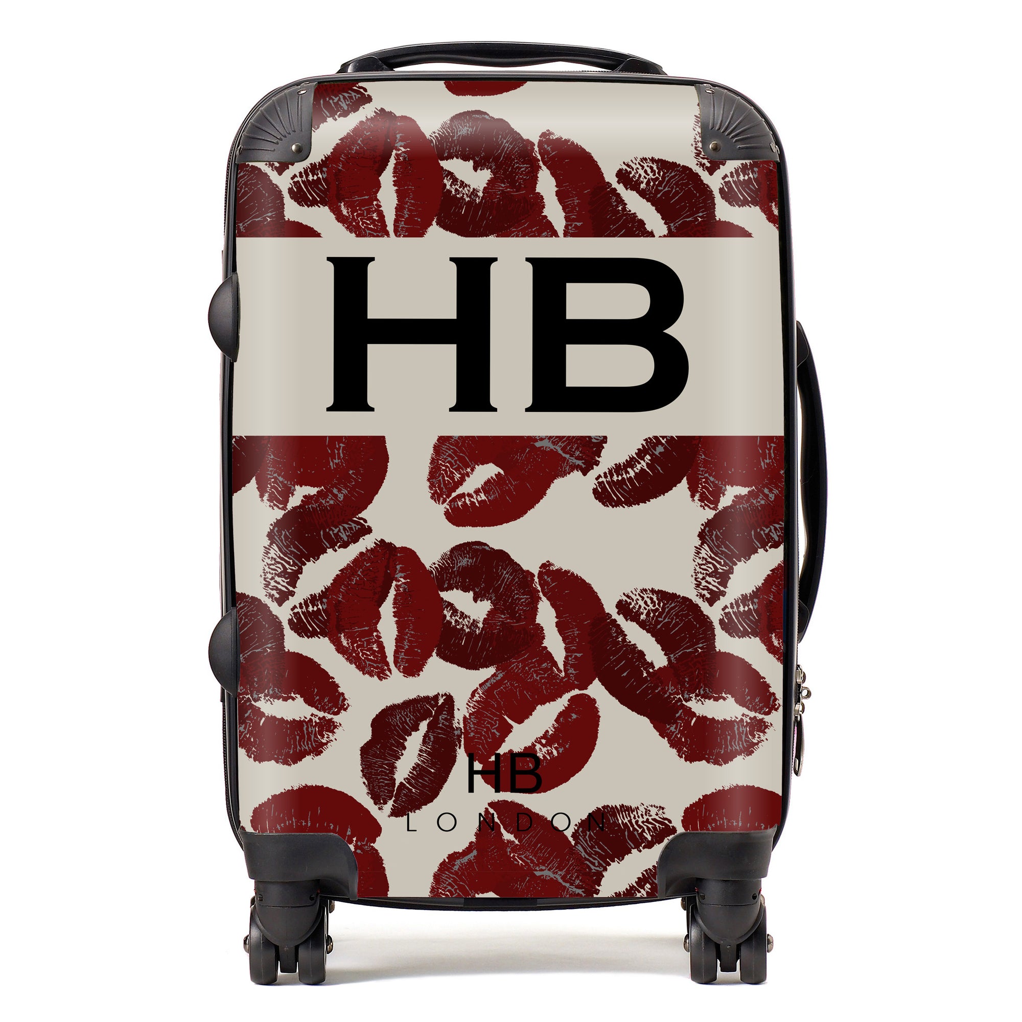 Personalised Burgundy Kisses with Black Font Initial Suitcase