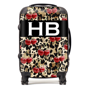 Personalised Leopard Print and Cherries with White Font Initial Suitcase